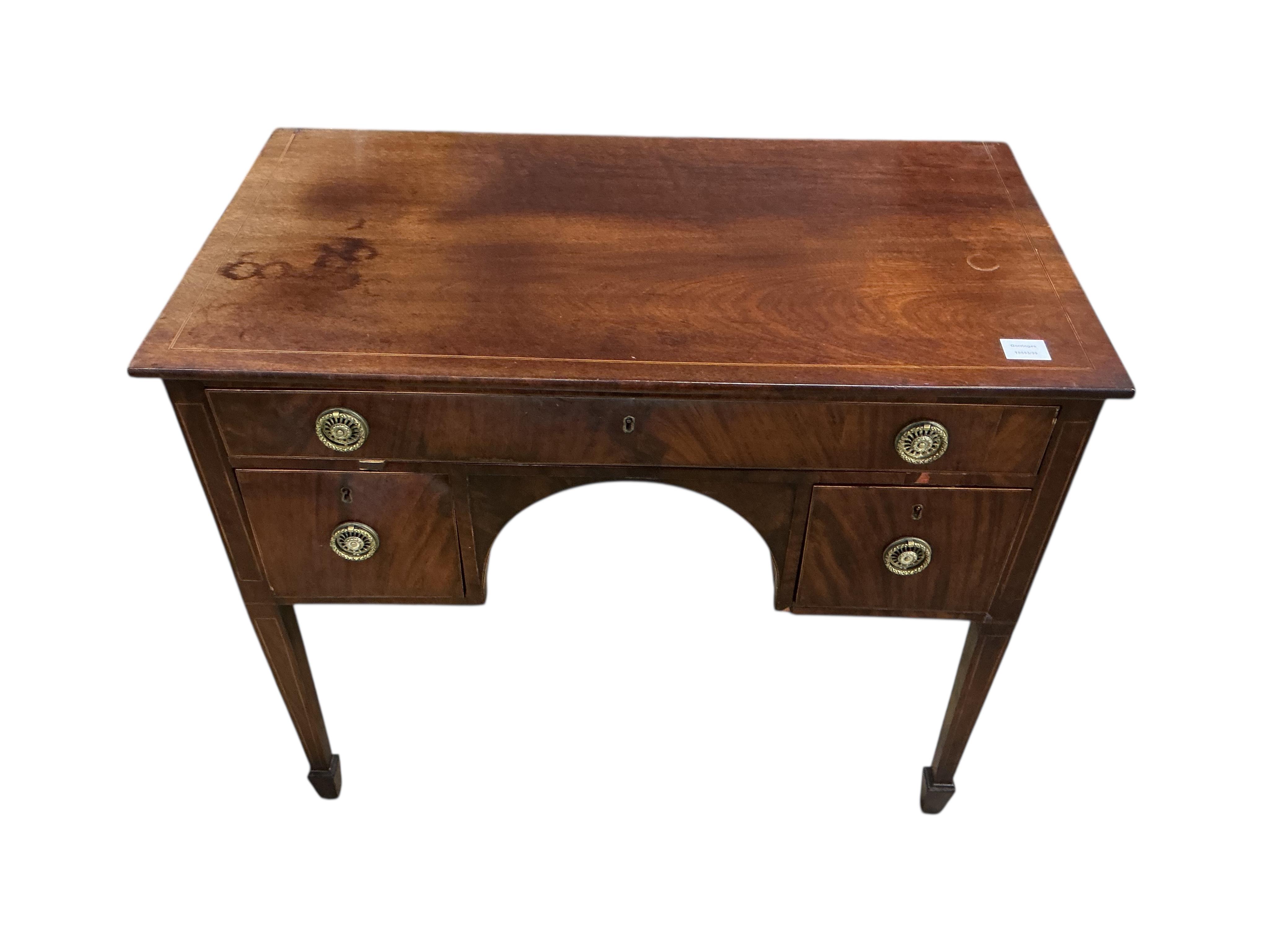 A George III rectangular inlaid mahogany kneehole dressing table, fitted one long and two short drawers, width 91cm, depth 49cm, height 75cm
